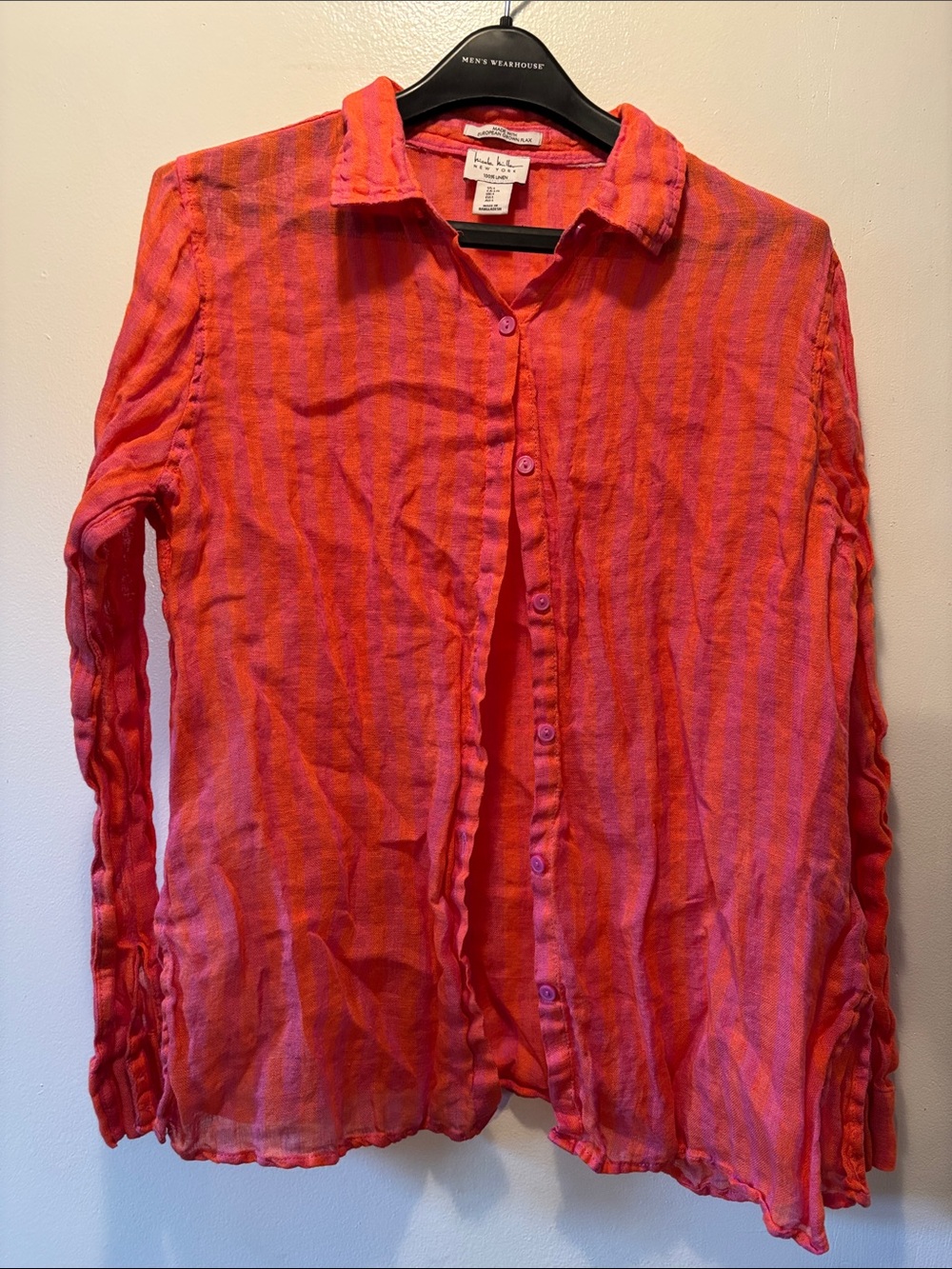 Eileen Fisher Lightweight Sheer Button-Up in Coral & Fuchsia Stripe